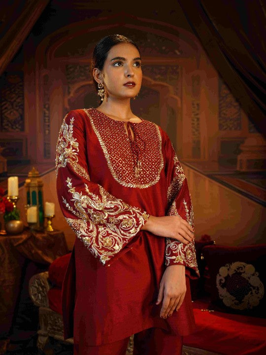 deep red short kurti set - image 3