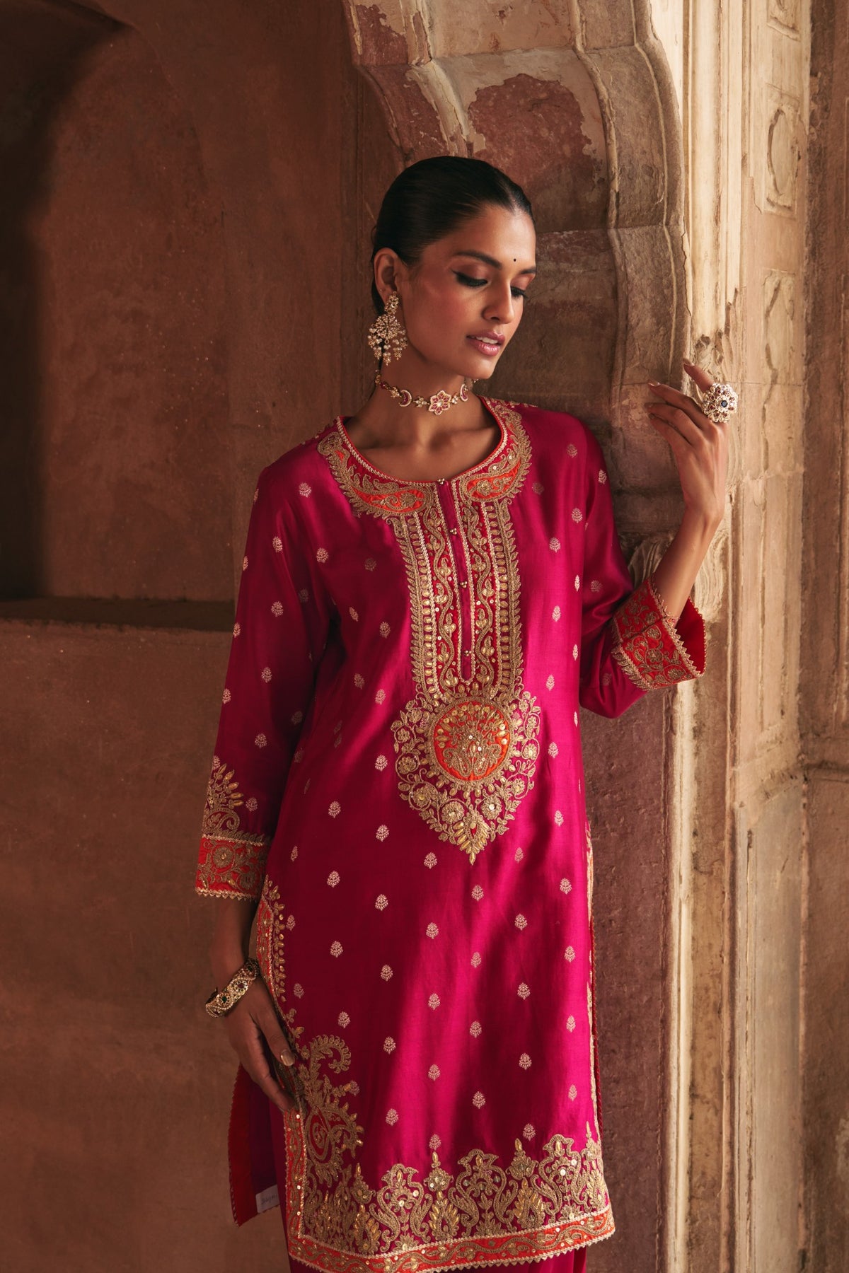 Hot Pink Silk Chanderi Banarasi Short Kurta with Dogri Salwar
