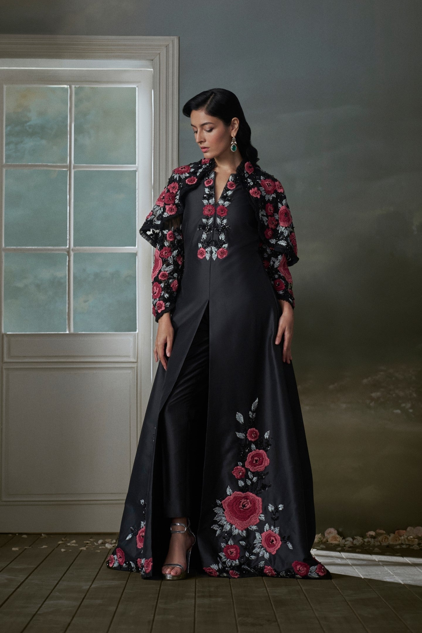 Floral Embroidered Black Silk Long Dress with Jacket & Trouser