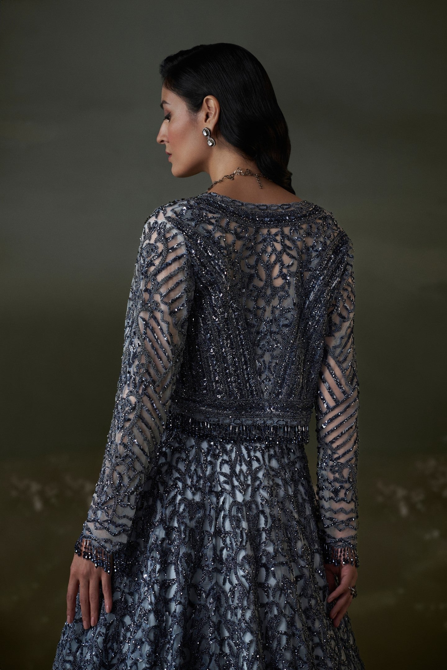 Stone Grey Net and Satin Lehenga Choli with Embroidered Jacket