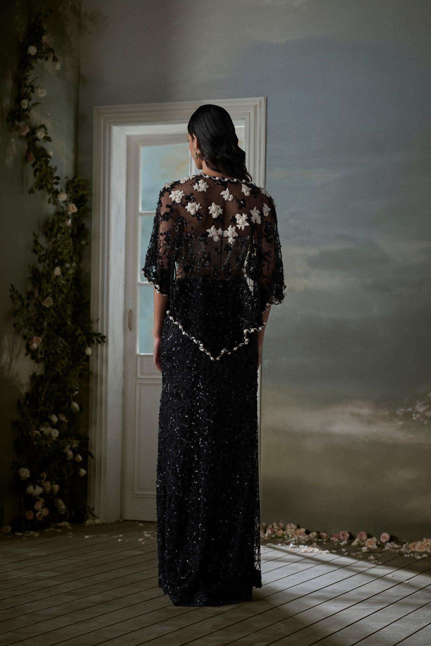 Black Pearl-Embellished Jacket & Slit Skirt with Ivory Corset