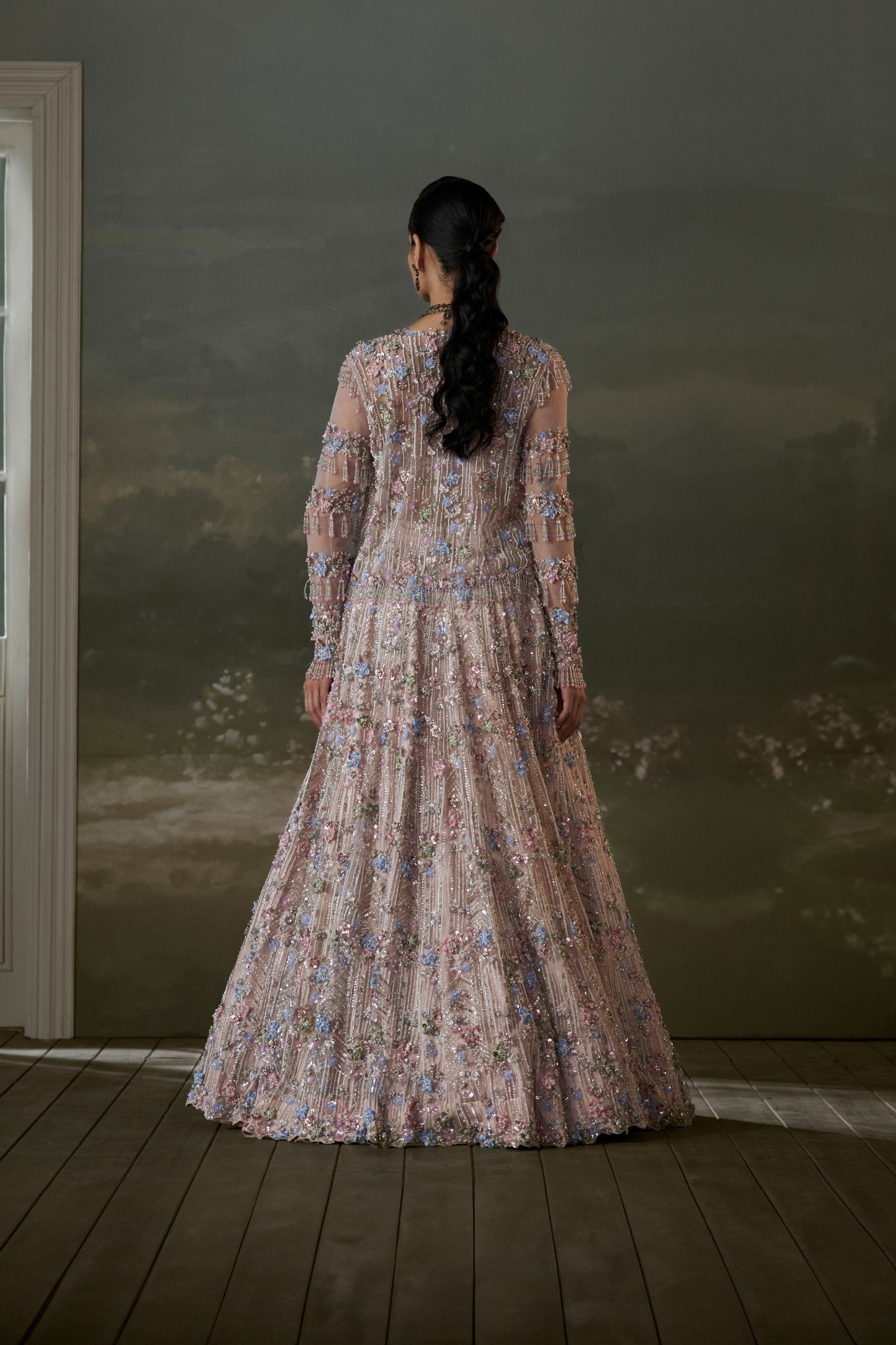 Peach Multicolored Net Lehenga Choli Set With Jacket