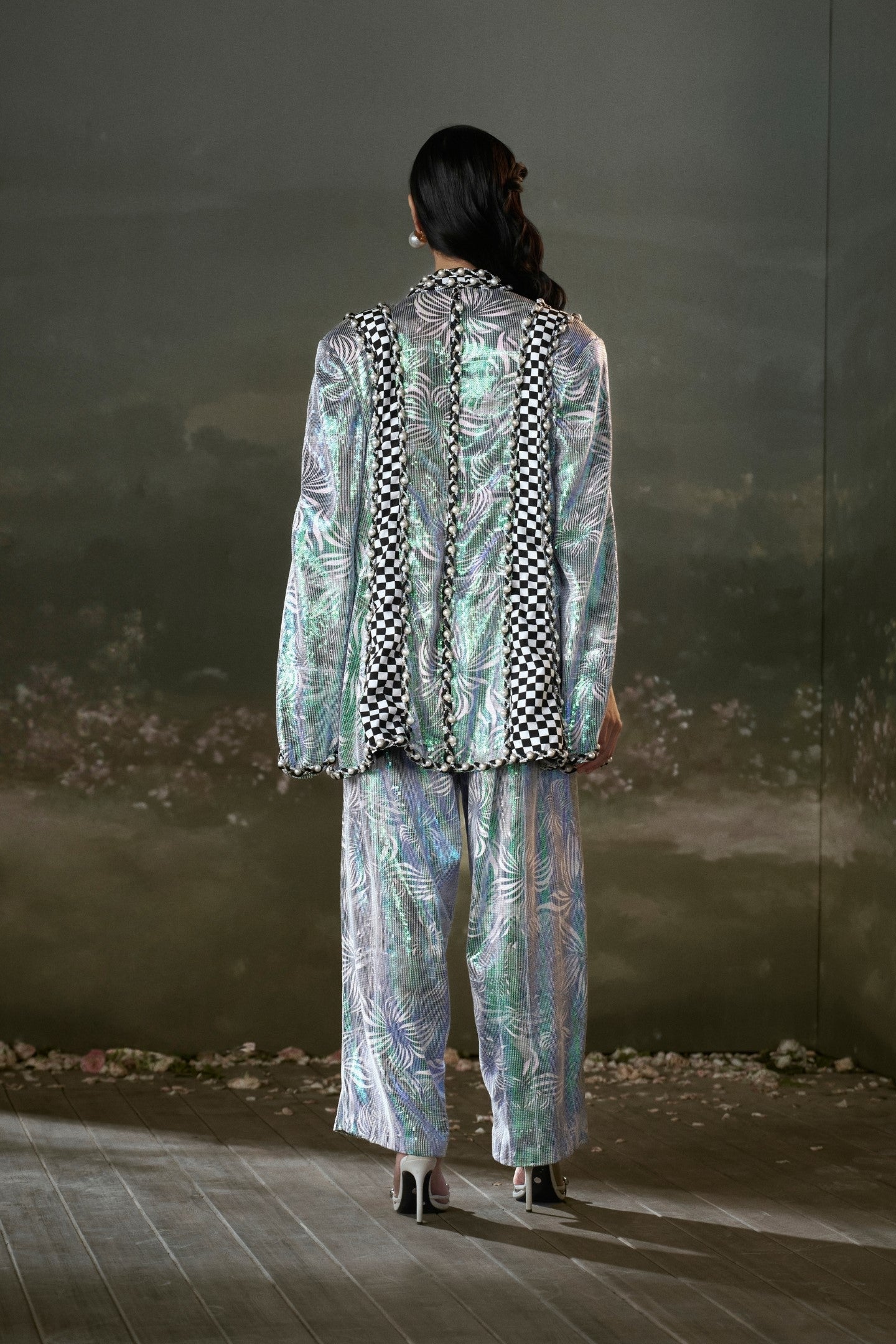 Printed Metallic Jacket and Trouser Set with Corset - Evening Wear