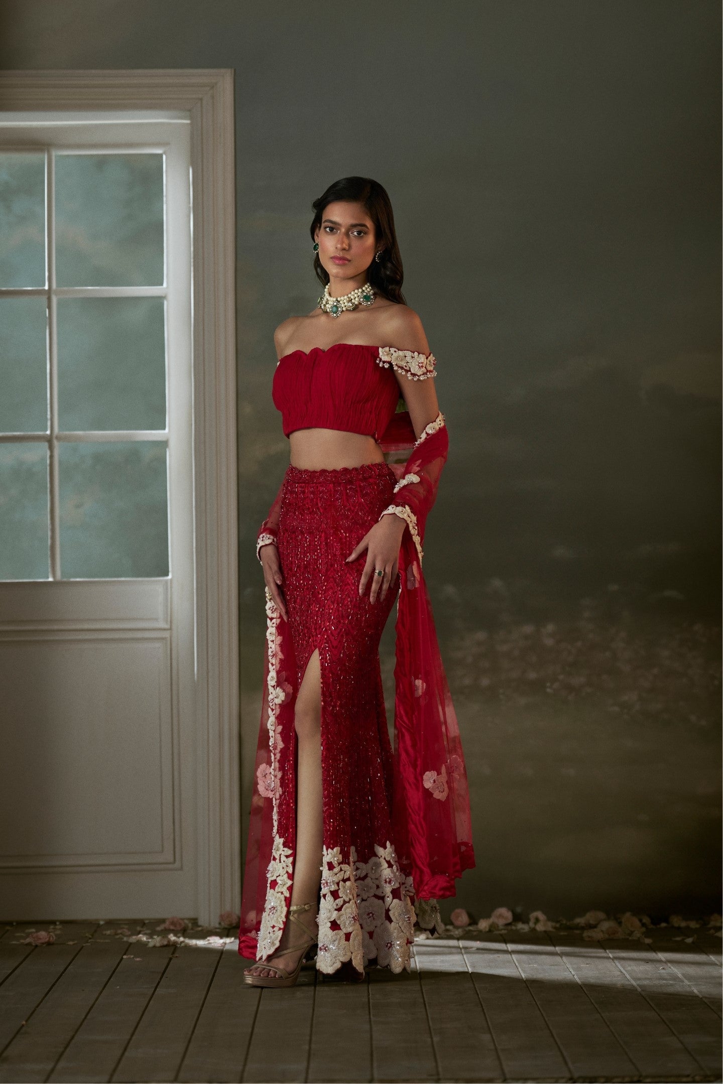 Red Embroidered Lehenga Skirt with Pleated Crop Top - Festive Wear