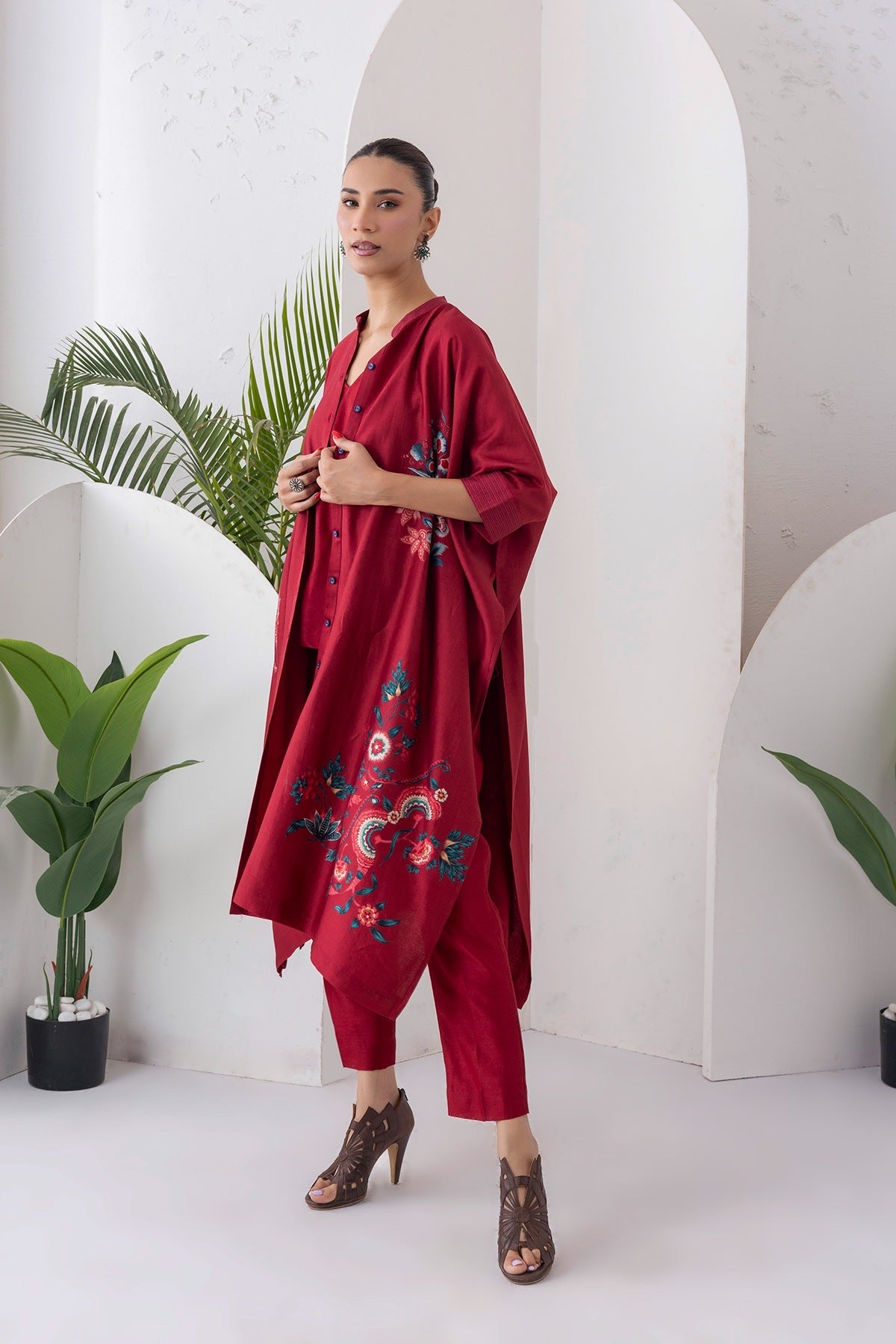 Maroon Silk Chanderi Printed Kaftan Style Dress Set (3 PCS)
