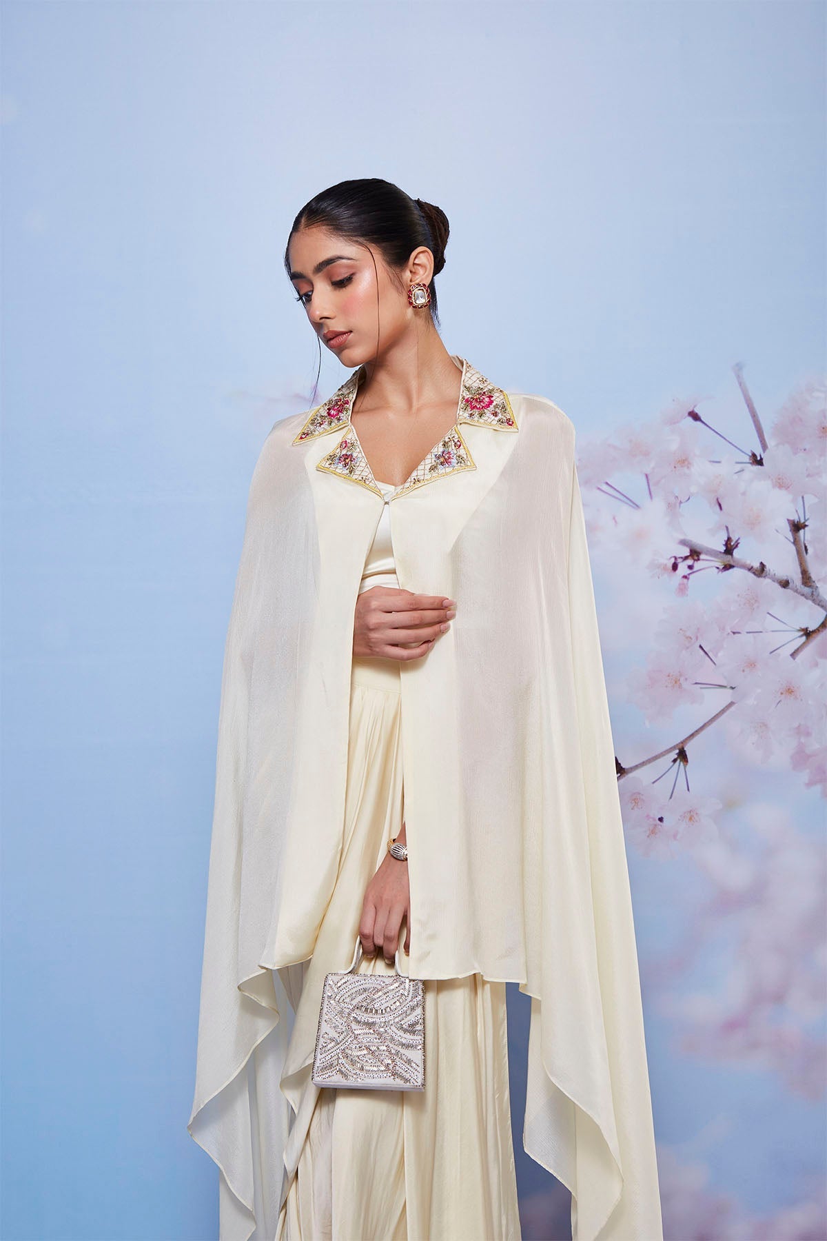 Zarin Ivory Embroidered Chiffon Cape Set with Pick-Up Skirt