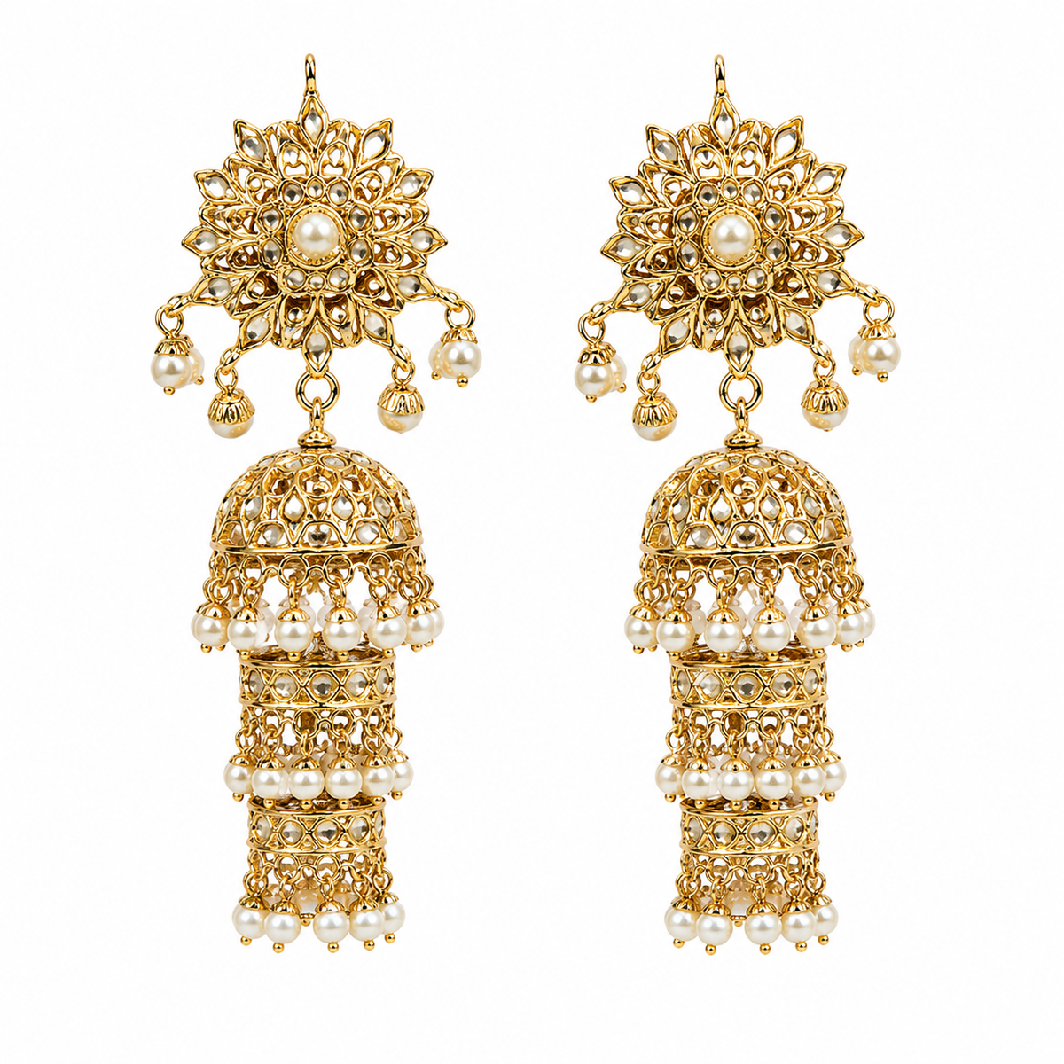 Three-Layer Jadau Pearl Jhumka Earrings