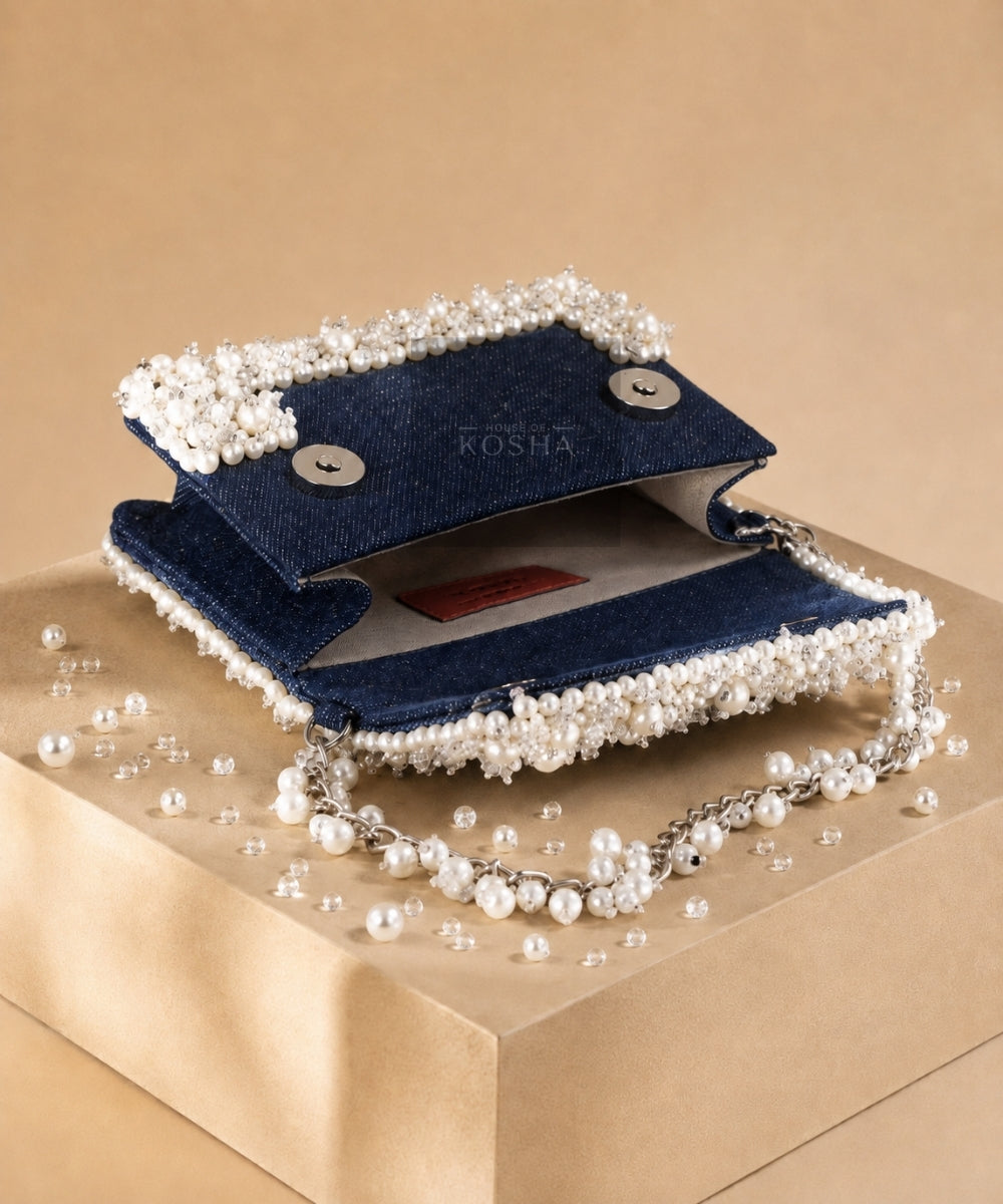 Elana Denim Pearl Embellished Clutch