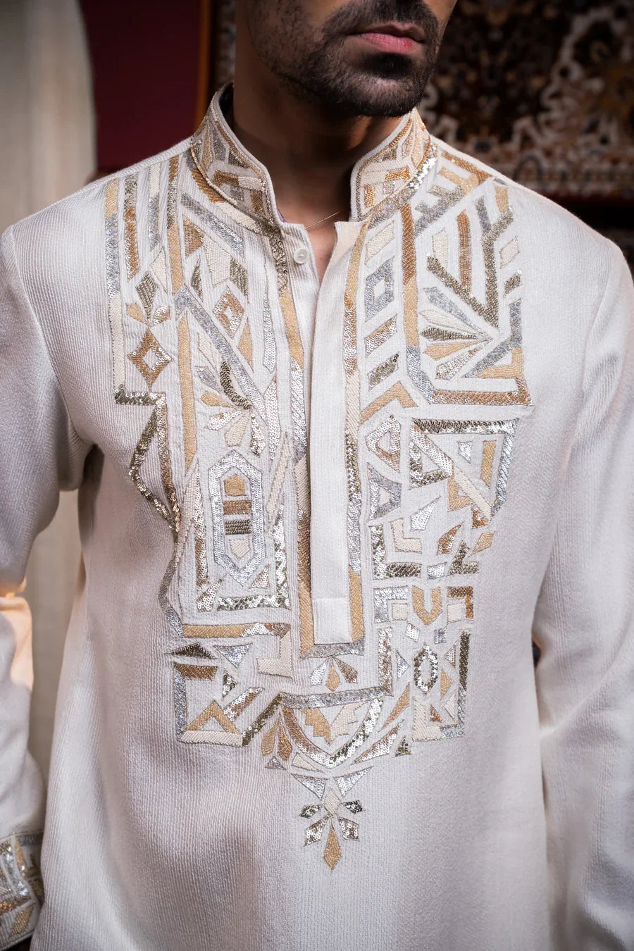 Ivory Regal Embroidered Linen Silk Kurta