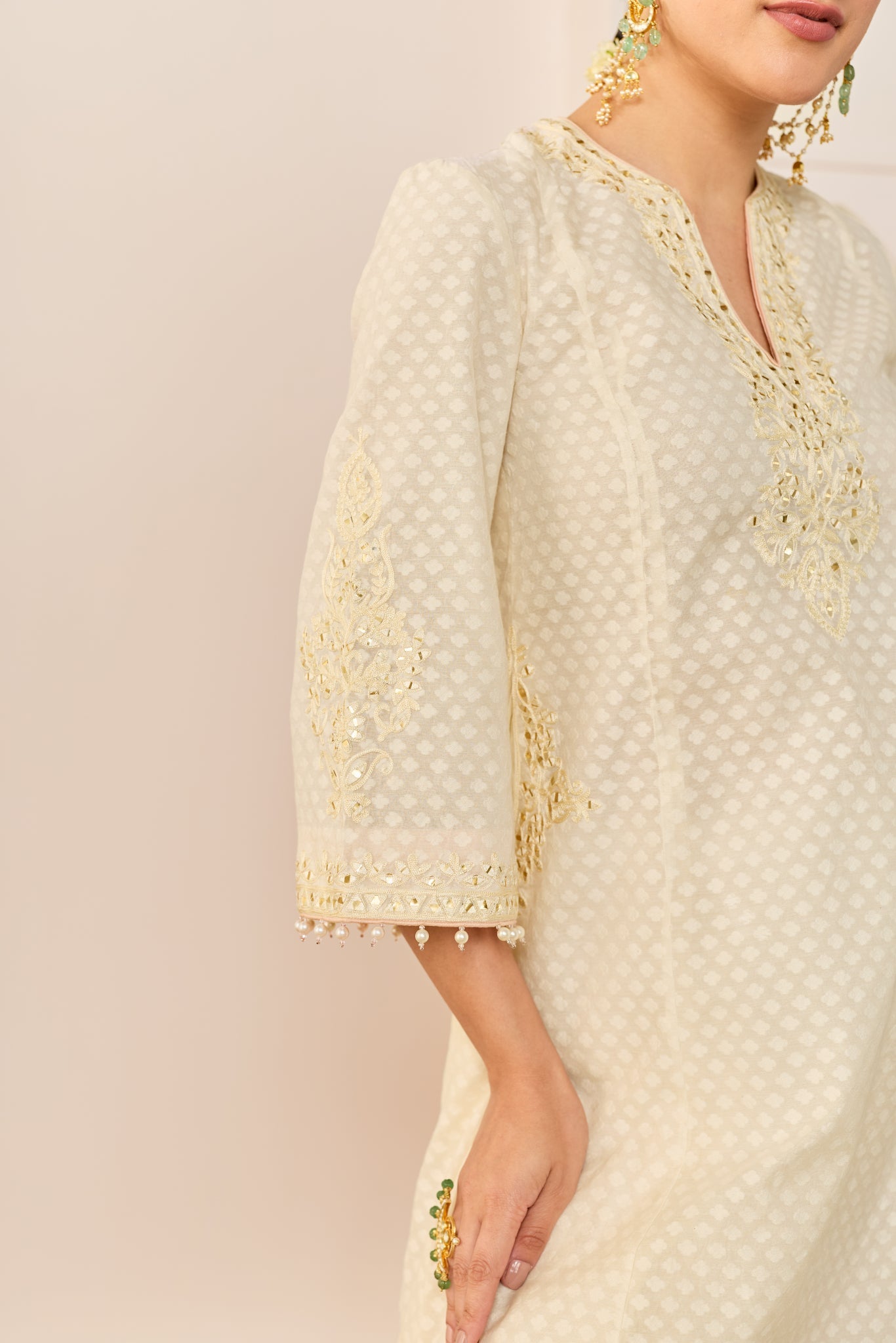 REEM - DAISY IVORY SHORT CHOGA WITH DOGRI SALWAR AND DUPATTA