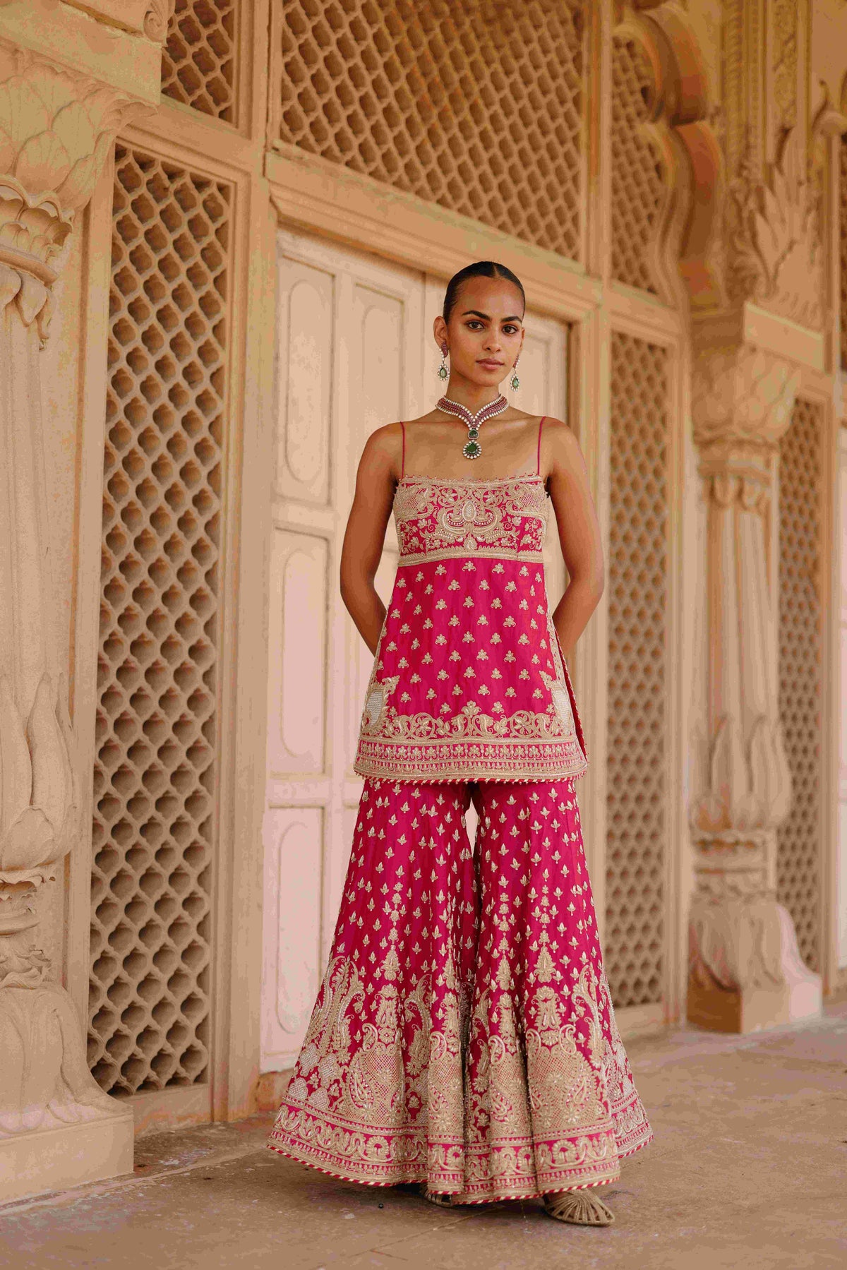 Hot Pink Kurta Gharara Set with Embroidered Organza Dupatta