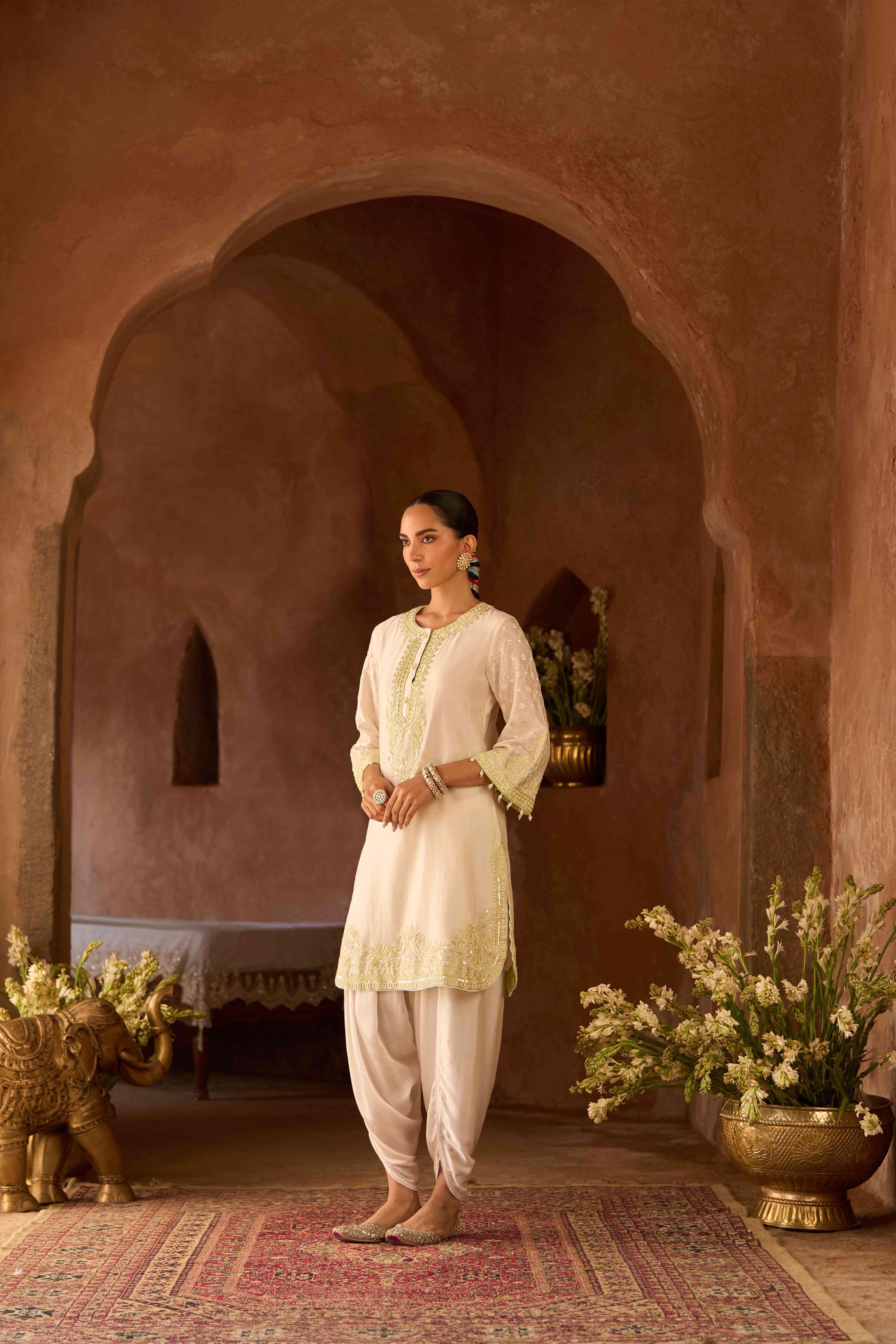 RUHI - DAISY IVORY WITH MINT GREEN SHORT KURTA AND DHOTI