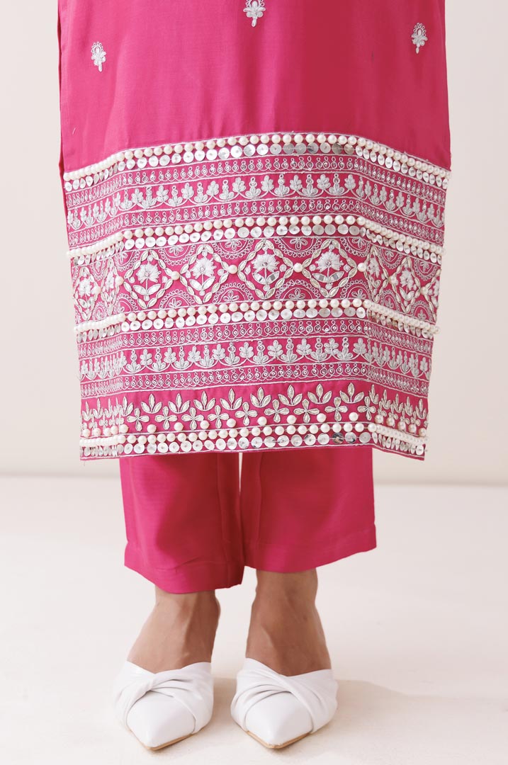 Hot pink chanderi halter neck kurta set
