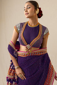 Purple mirror and pearl printed bandhej saree