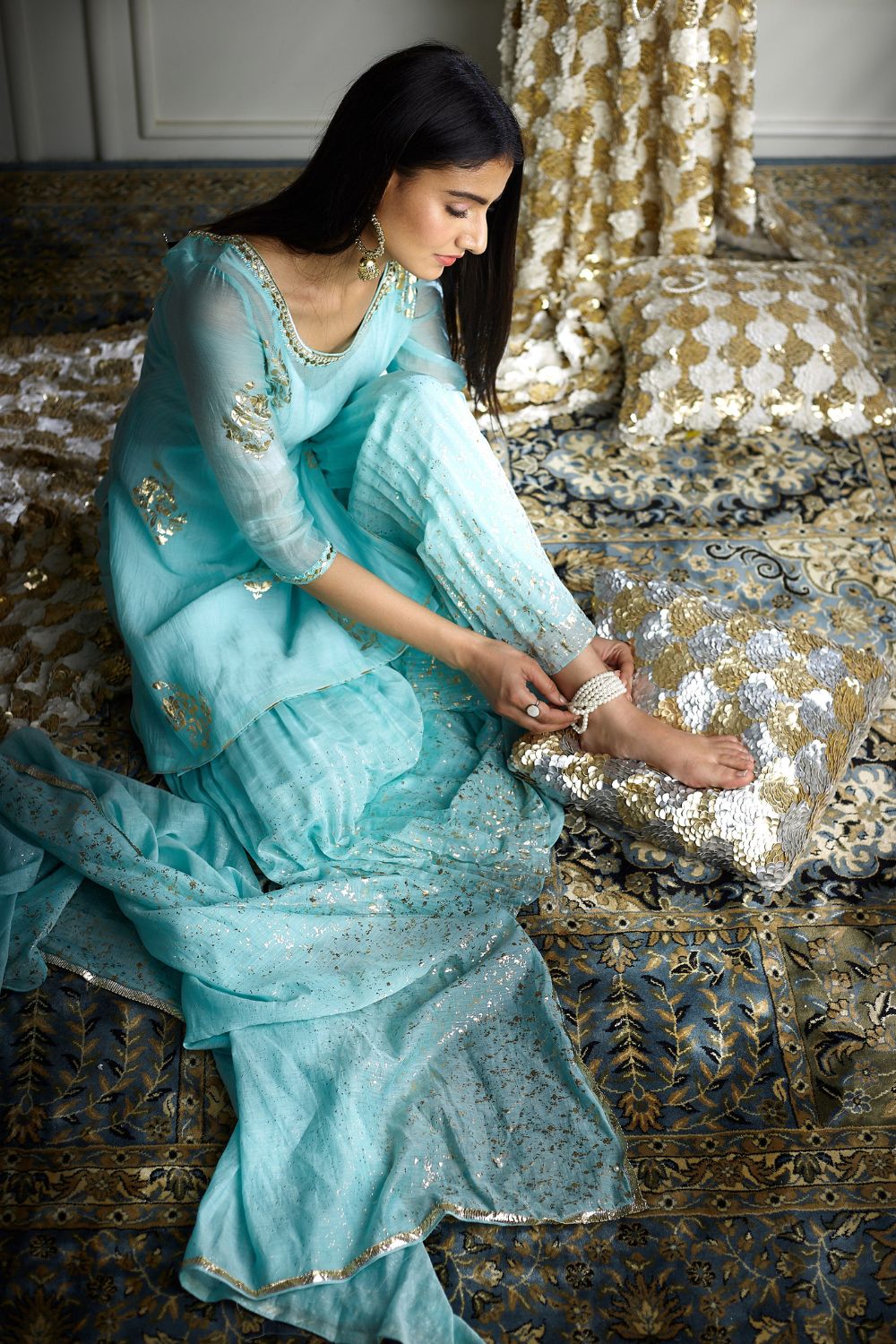 Aqua foil printed kurta Set
