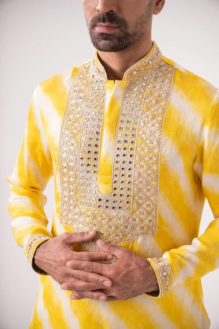 Yellow Leheriya Silk Kurta