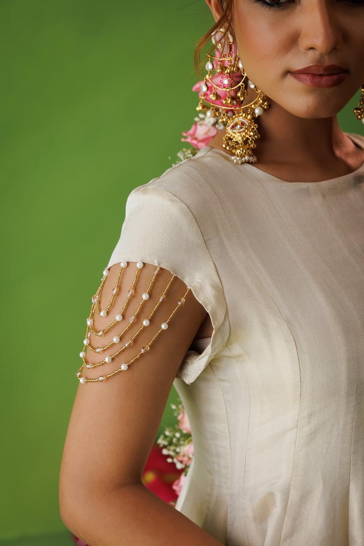 Beige tissue anarkali with scallop dupatta