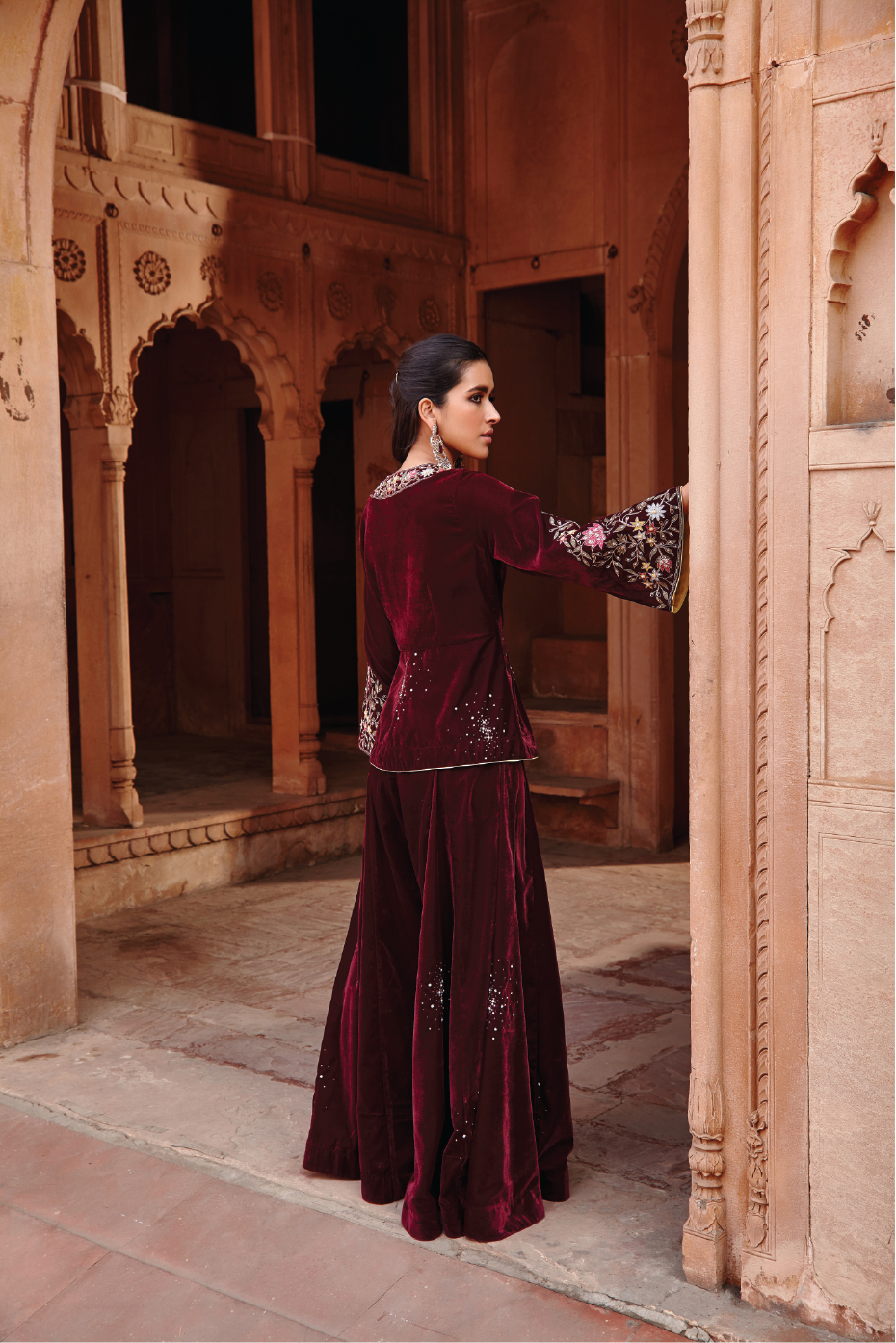 Afreen Wine Velvet Embroidered Jacket and Sharara Set - Festive Wear