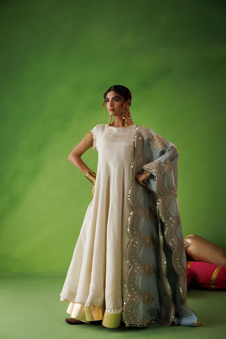 Beige tissue anarkali with blue dupatta