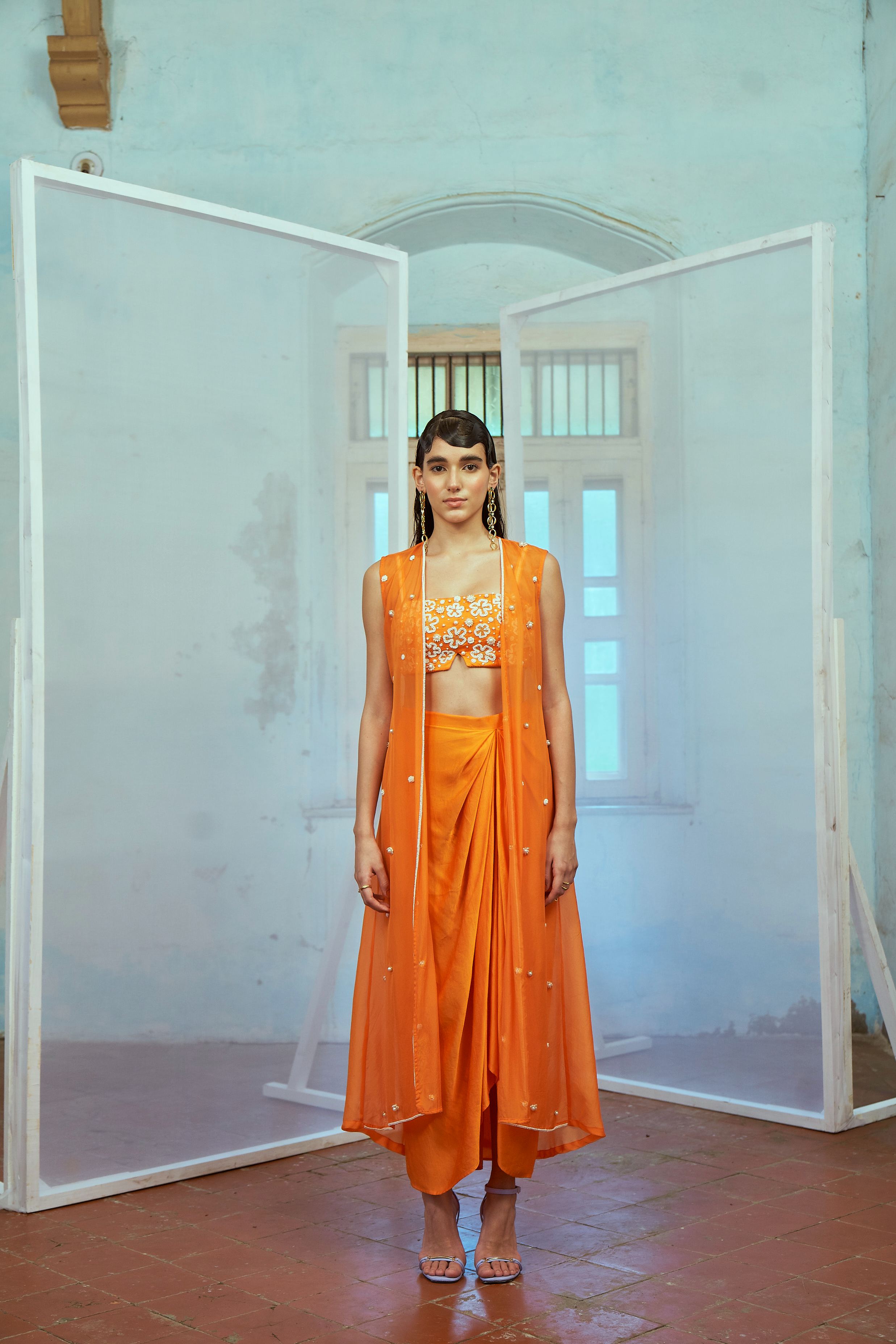 Orange Bustier and Drape Skirt Set