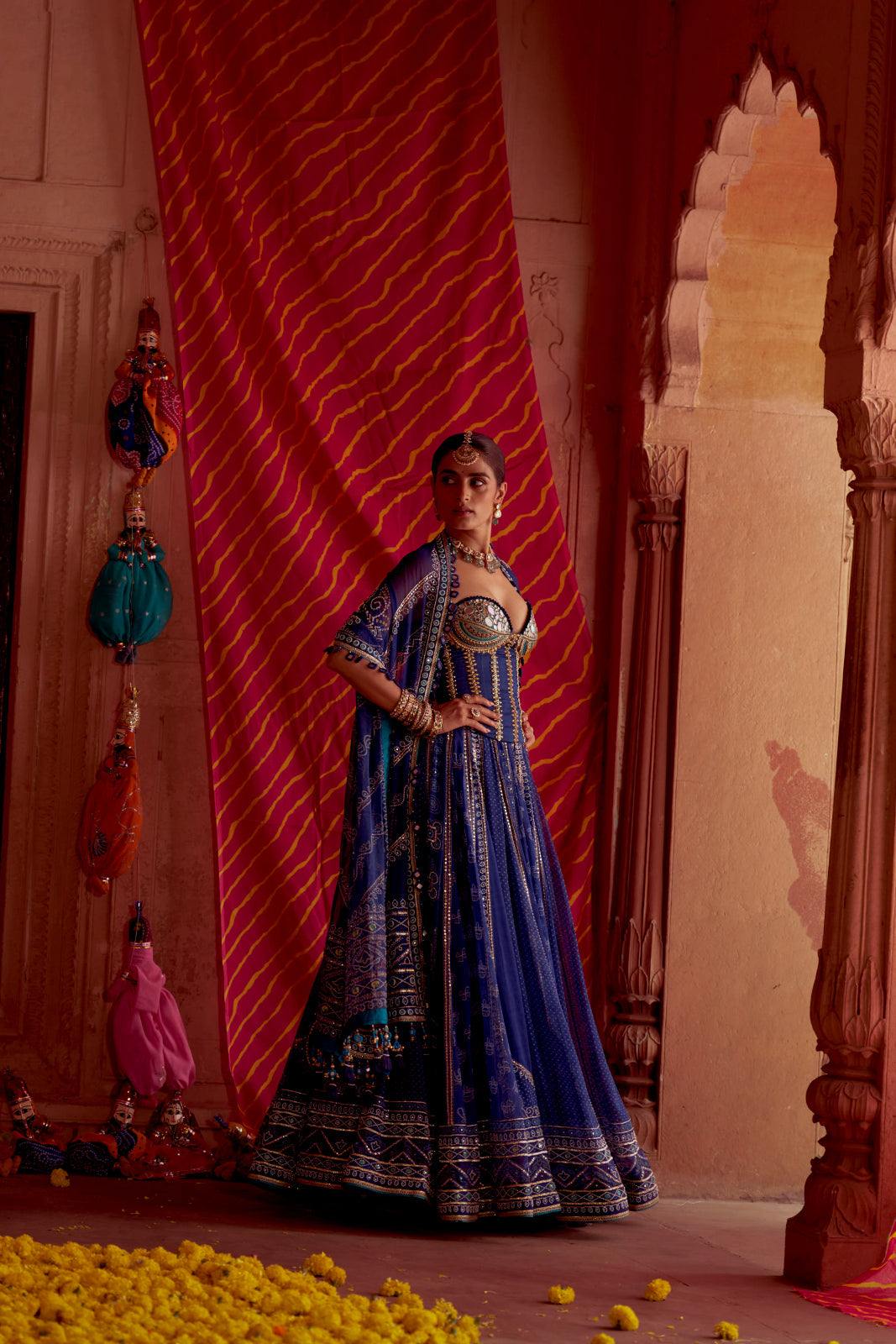 Regal Blue printed bandhej corset Lahenga set