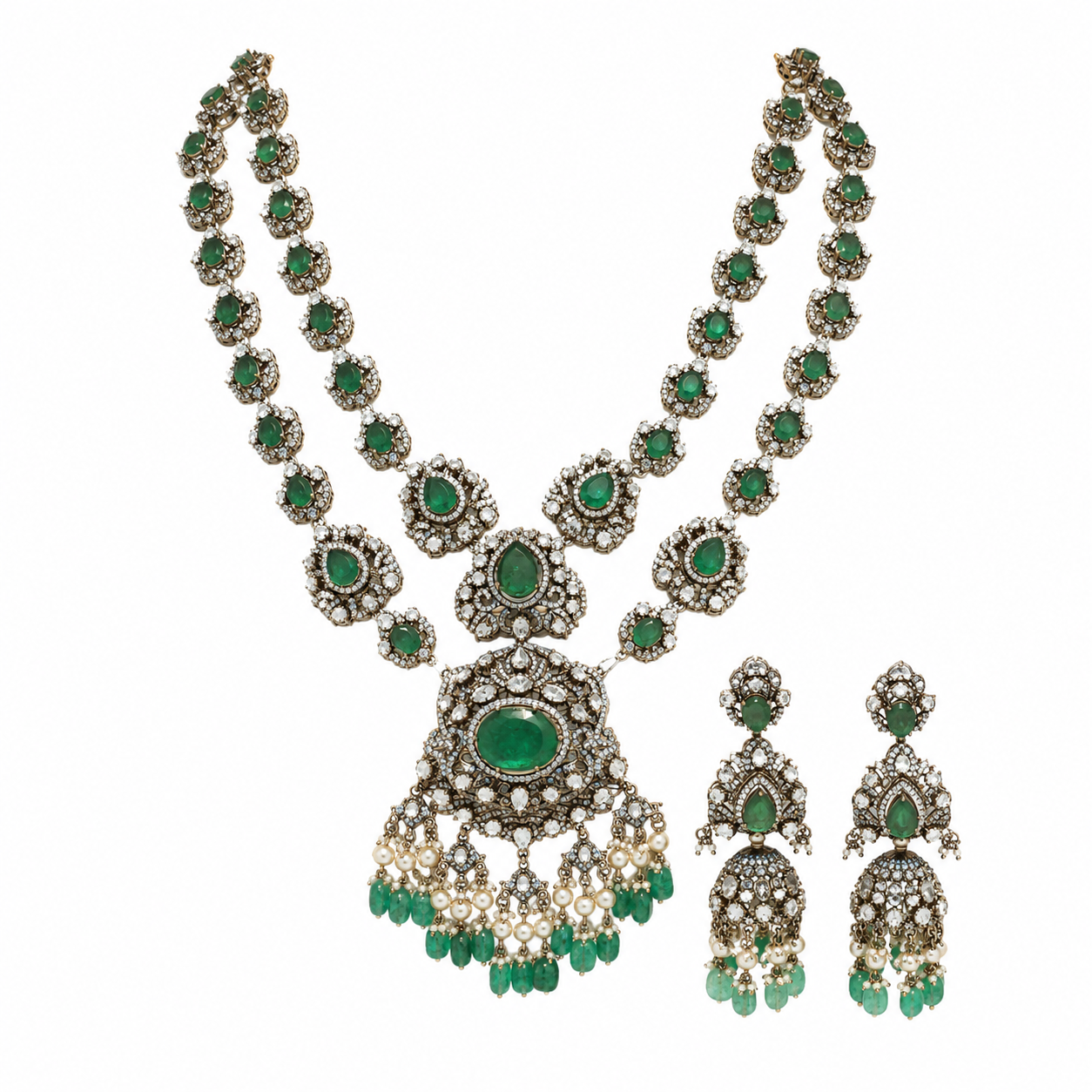 Emerald Moissanite Polki Long Two-Layered Necklace Set