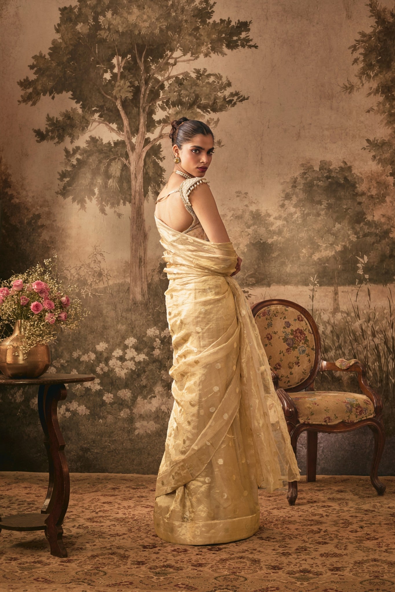 Champagne Gold Tissue silk pre -draped Saree with Embellished Blouse