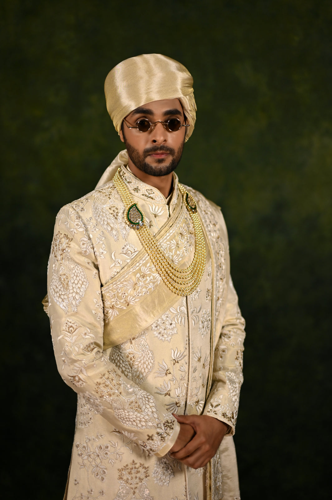 ivory gold crepe tissue threadwork sherwani set