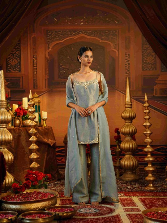 ice blue kasab silk spaghetti kurti set - image 3