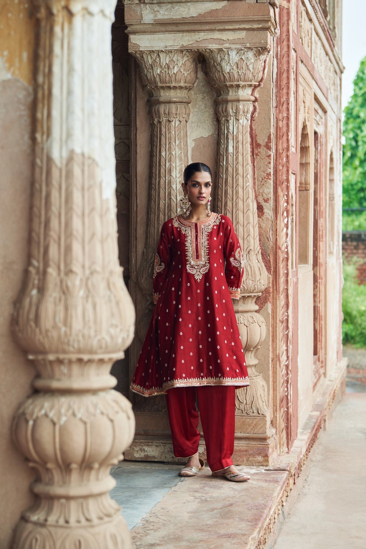Deep Red Pure Silk Chanderi Chauga Kurta with Salwar Set
