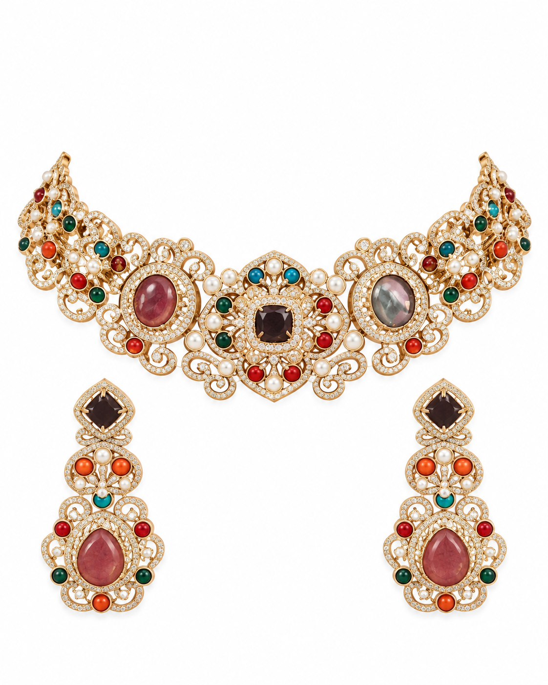 Multicolor Stone Choker Necklace Set with Earrings