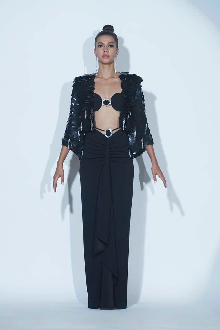 Black 3 Pc Skirt, Bralet and Sequin Jacket Set