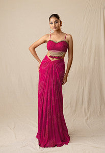 Fuchsia pink printed bandhej drape skirt set