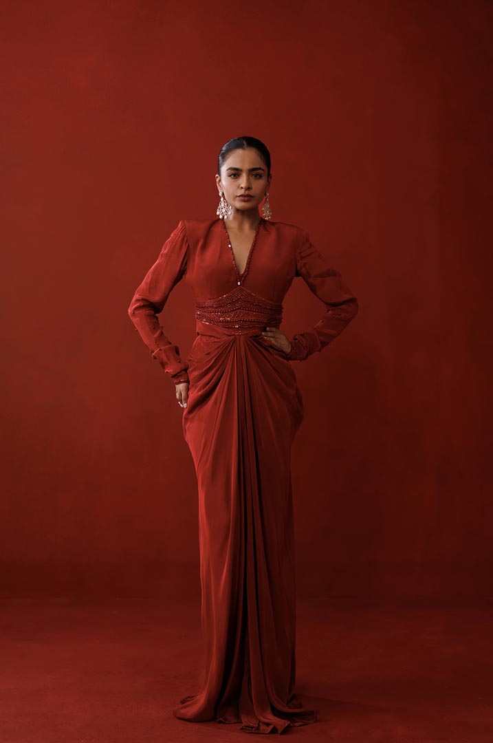 Rustic red bold shoulder dress