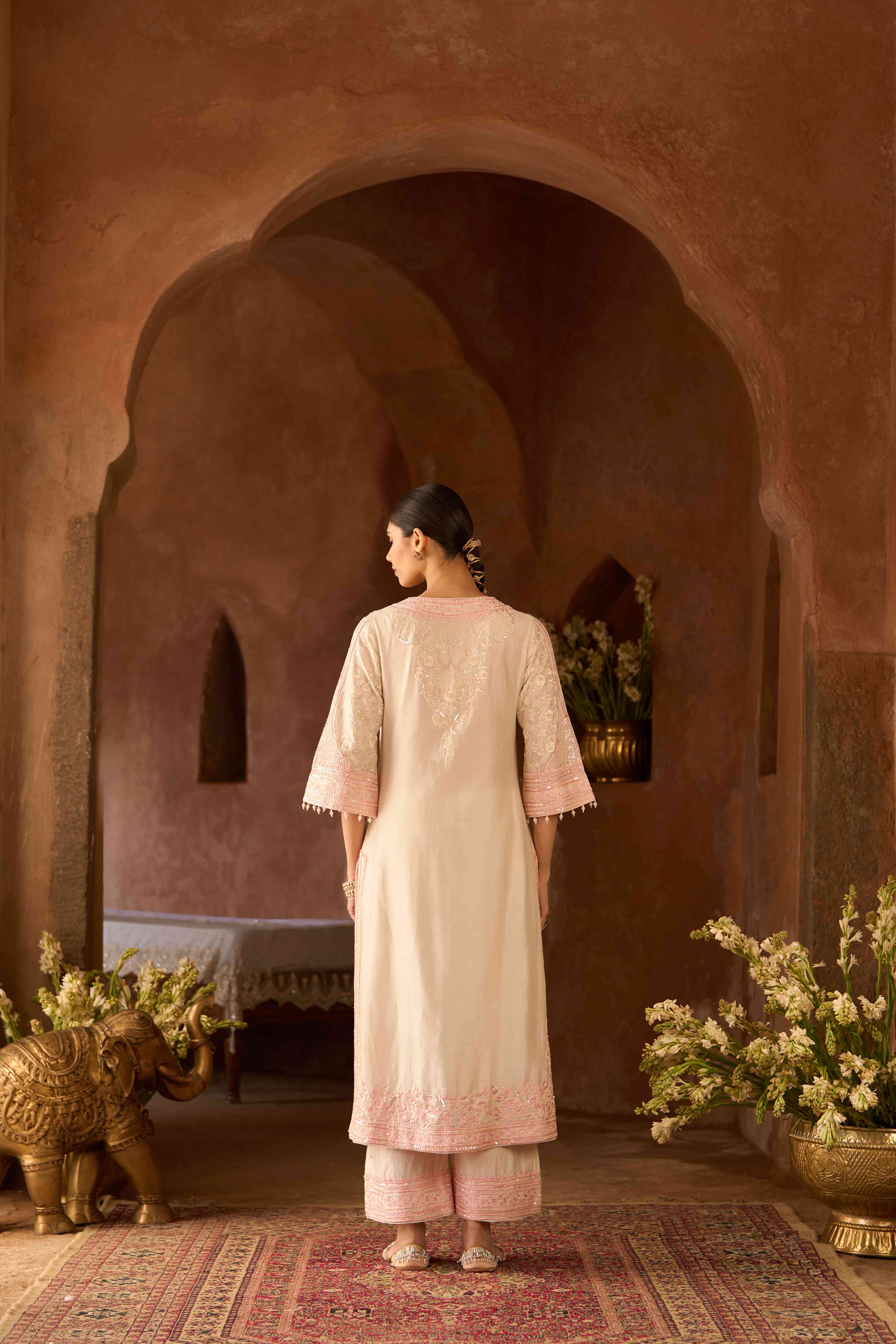 NURVI - DAISY IVORY WITH PINK LONG A-LINE KURTA WITH PALAZZO AND DUPATTA