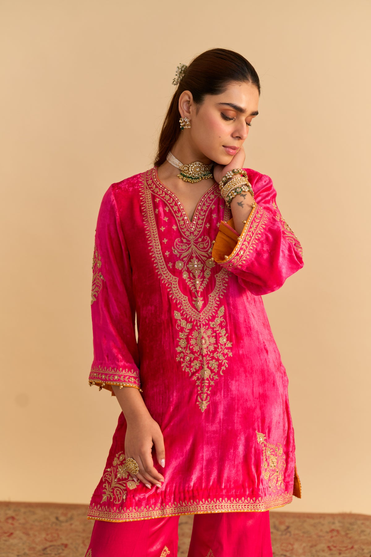Hot Pink Velvet Kurta Set with Flared Palazzo & Dupatta