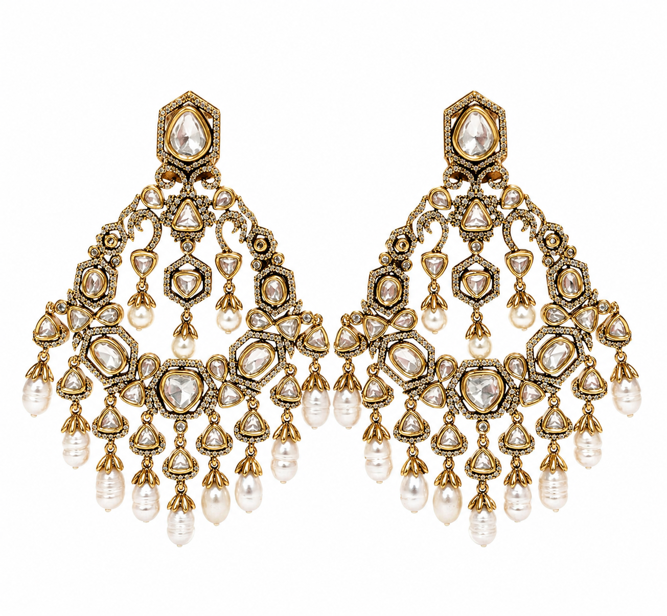 Polki Chandelier Earring with Pearl Drops