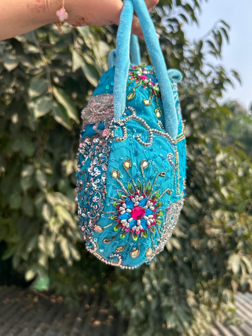 Embellished Aqua Potli Bag - Royal Heirloom Festive Accessory