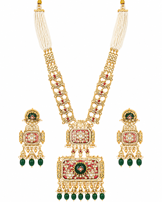 Royal Emerald Ruby Statement Necklace Set with Jhumka earring