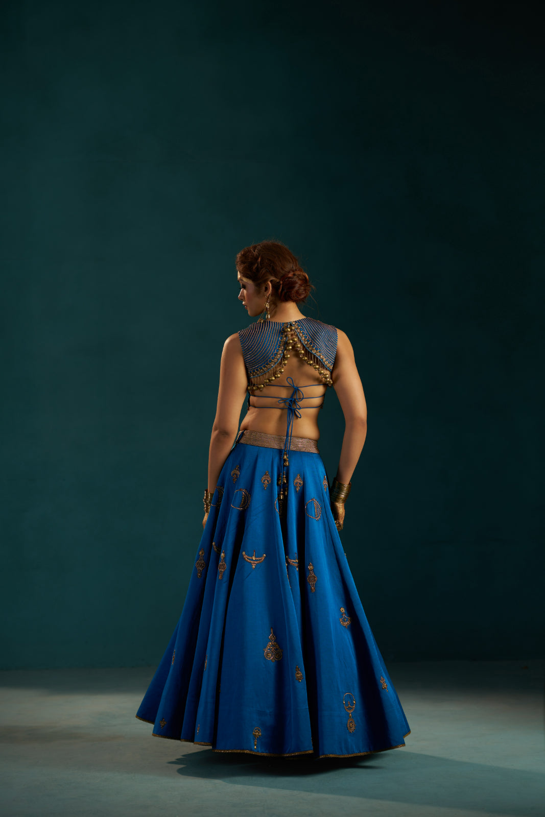Rama Blue Linen Satin Lehenga set with Hand-Embellished embroidery