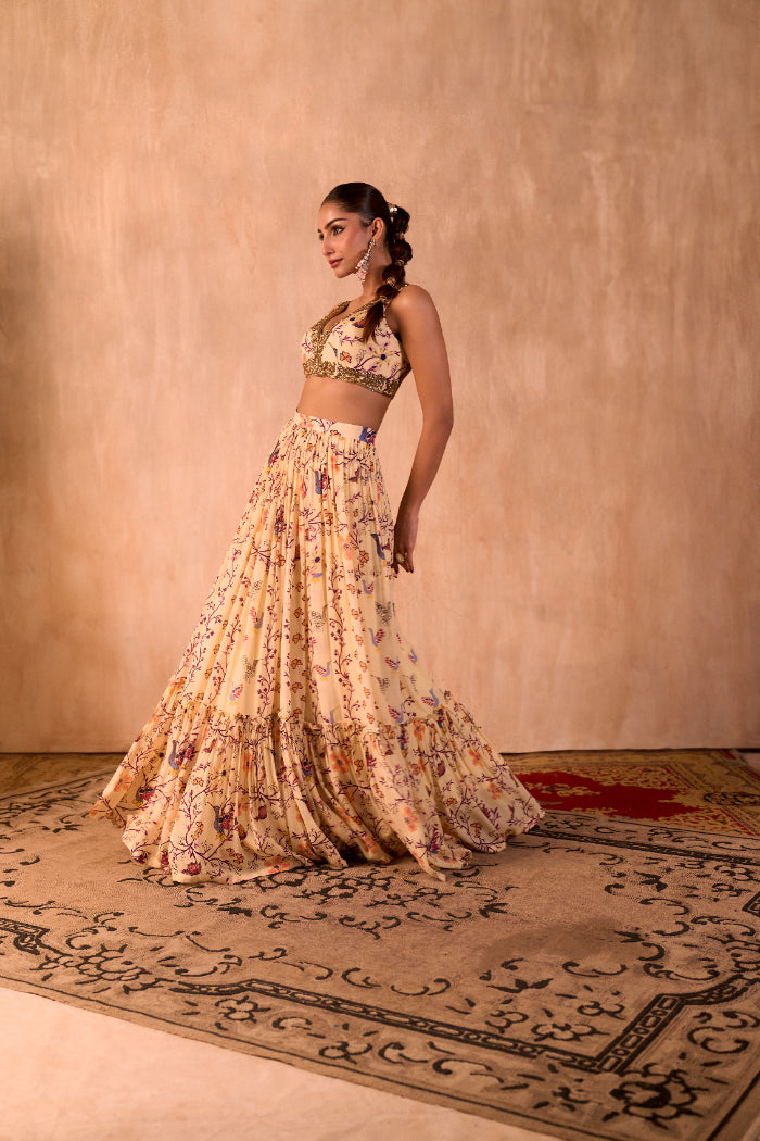 IVORY PRINT EMBROIDERED CHOLI, LAYERED LEHENGA AND DUPATTA SET - image 3