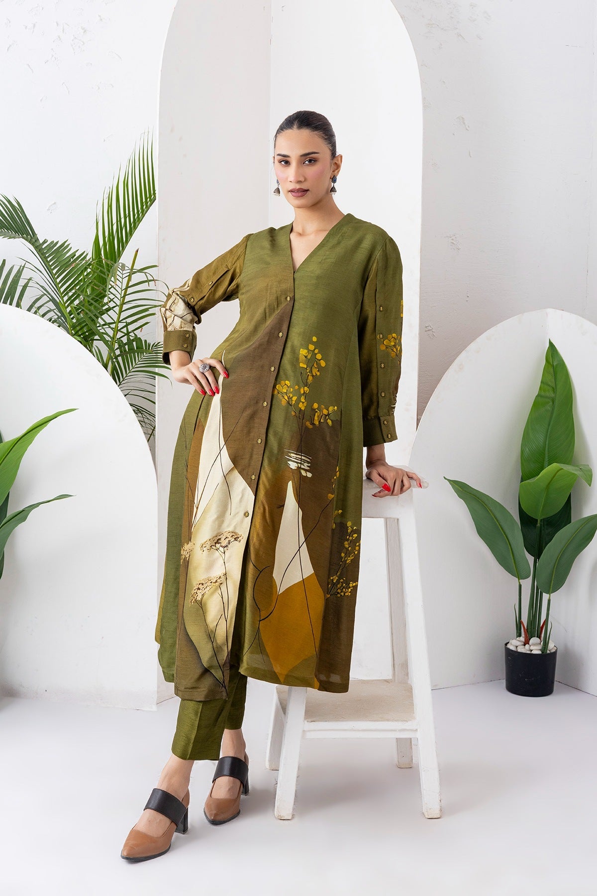 Moss Green Shaded Viscose Dupion Printed High-Low Dress Set (2 PCS)