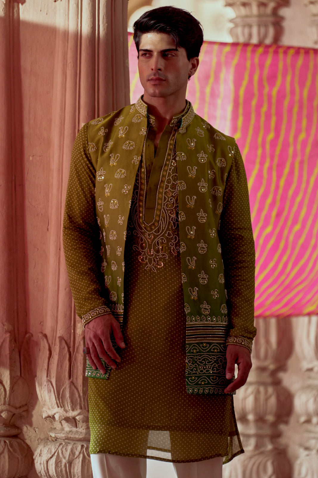 Green bandhej printed bandi set