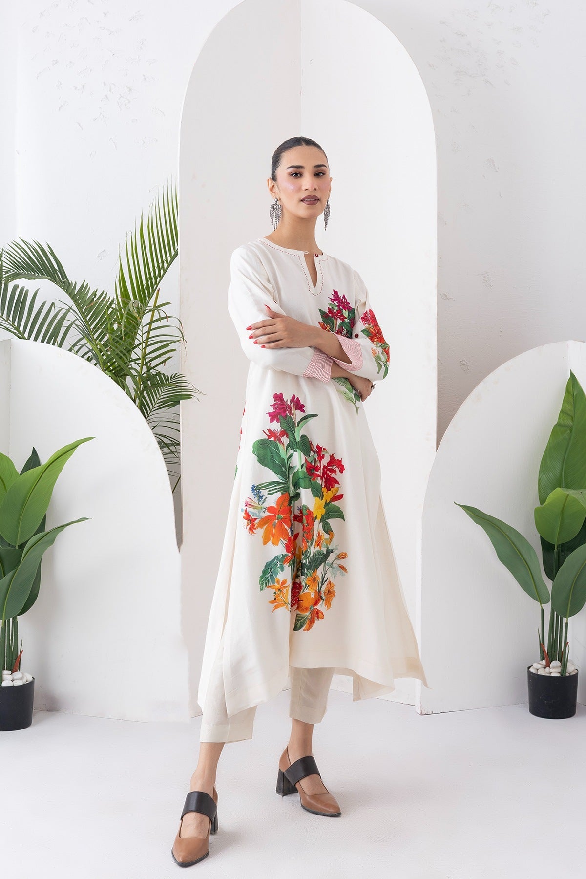 Ivory Silk Chanderi Tunic With Artistic Floral Placement Prints Set (2 PCS)