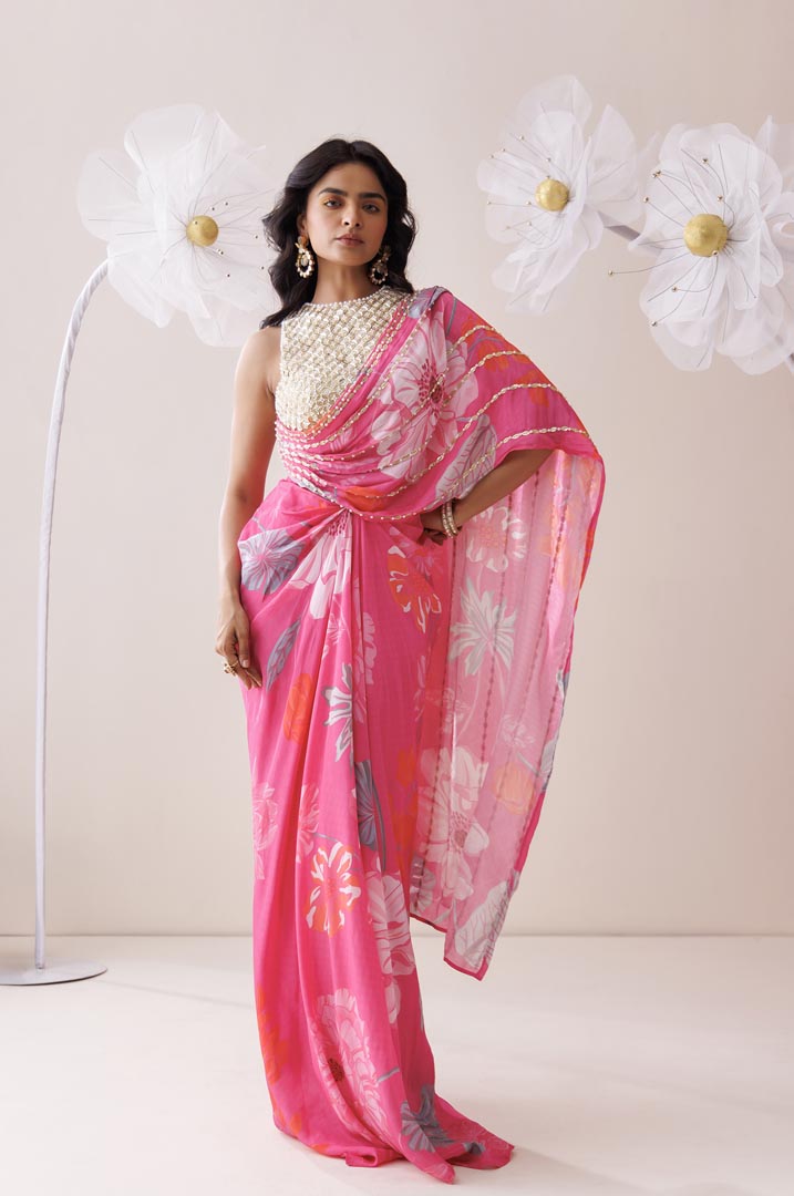 Pink and golden saree style co-ord set