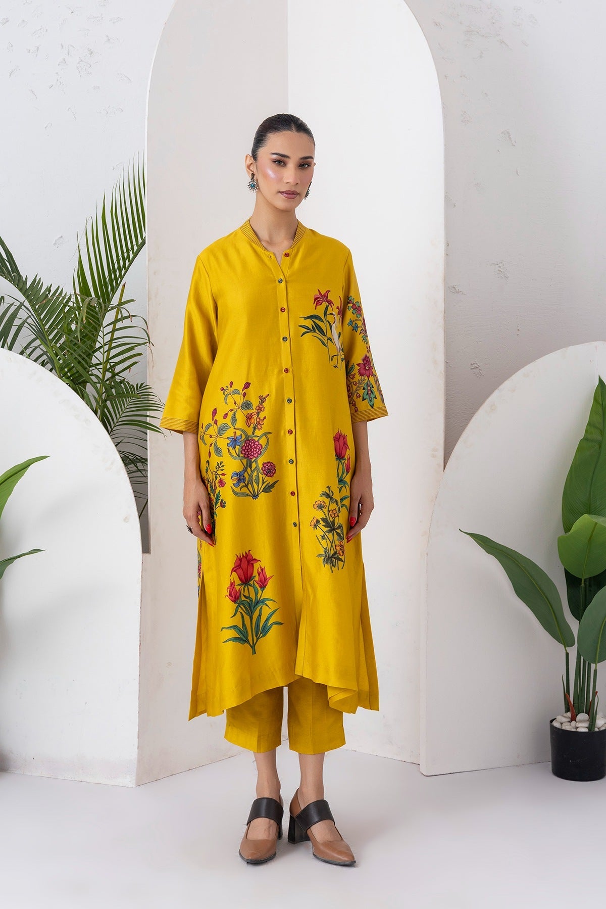 Yellow Silk Chanderi Floral Printed Front Open Dress Set (3 PCS)