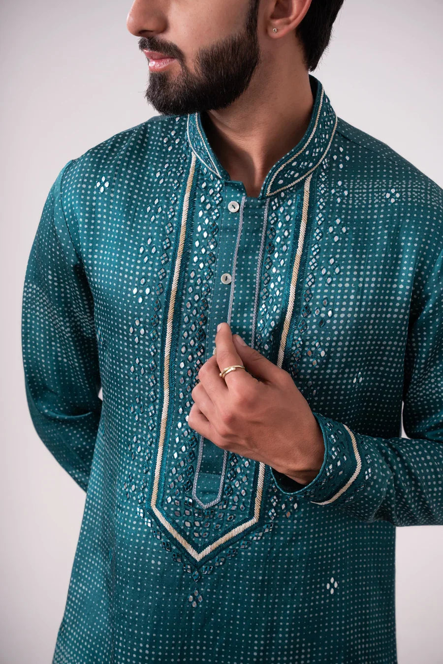 Teal Green Embroidered Linen Silk Kurta
