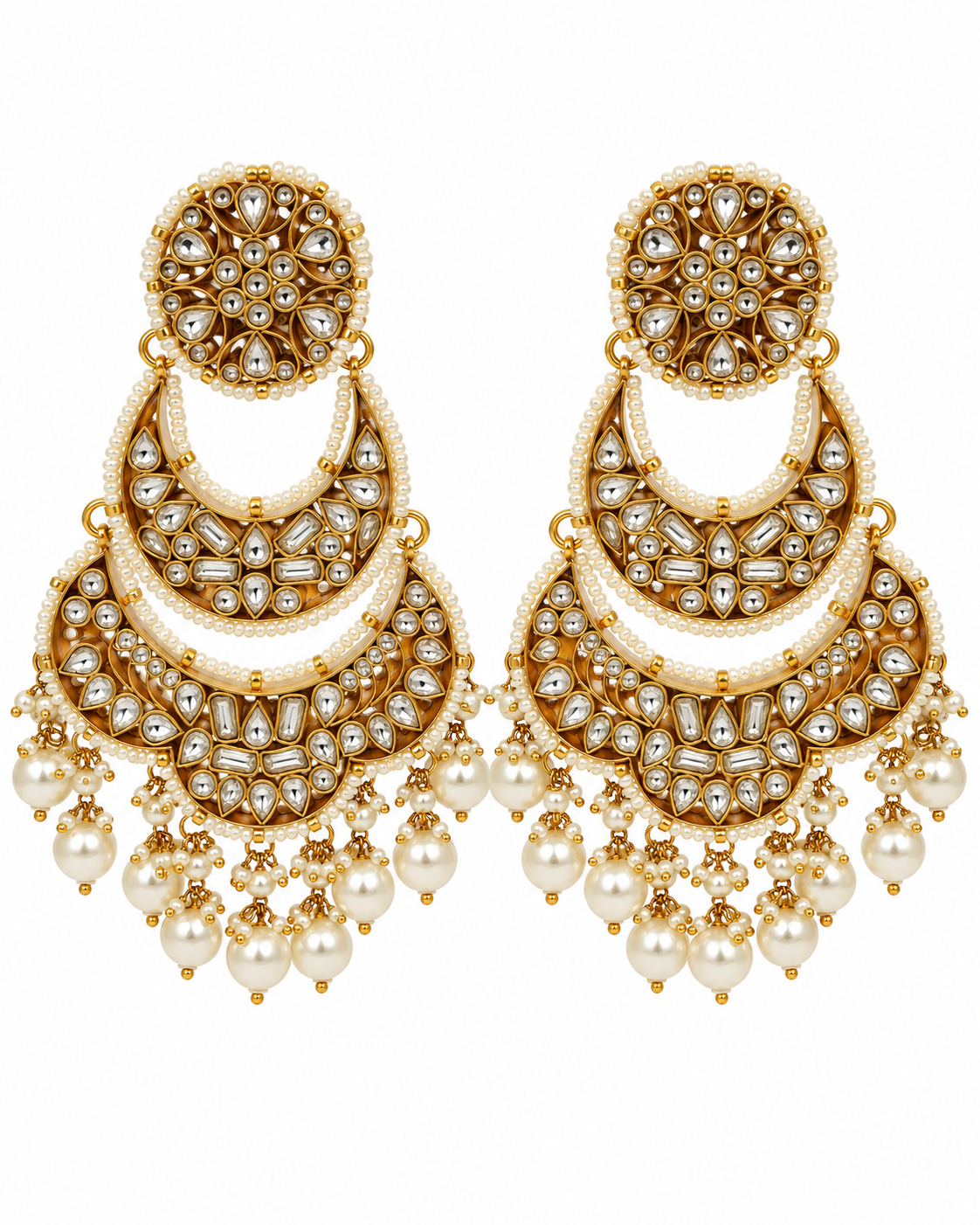 Pearl Kundan Layered Chandbali Earrings