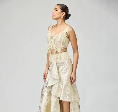 Ivory Silk Brocade Skirt Set - Luxury Pearl & Dory Embroidery