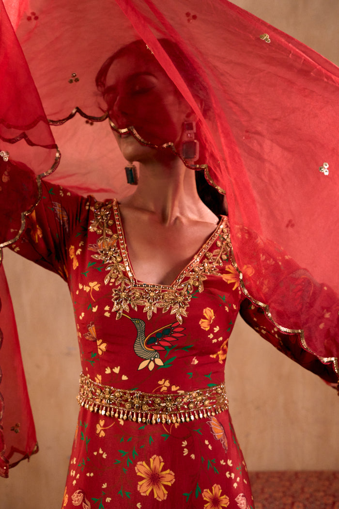 RED PRINT EMBROIDERED ANARKALI WITH DUPATTA AND BELT SET - image 3